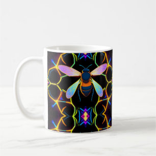 Vibrant Neon Honeybee with Abstract Hexagonal Coffee Mug