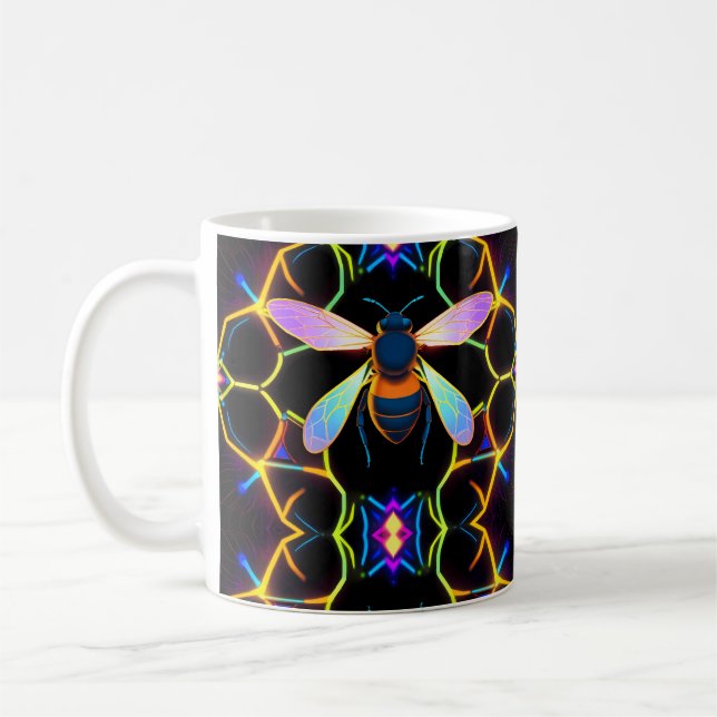  Vibrant Neon Honeybee with Abstract Hexagonal  Coffee Mug (Left)