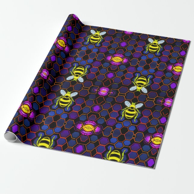  Vibrant Neon Honeybee with Abstract Hexagonal  Wrapping Paper (Unrolled)