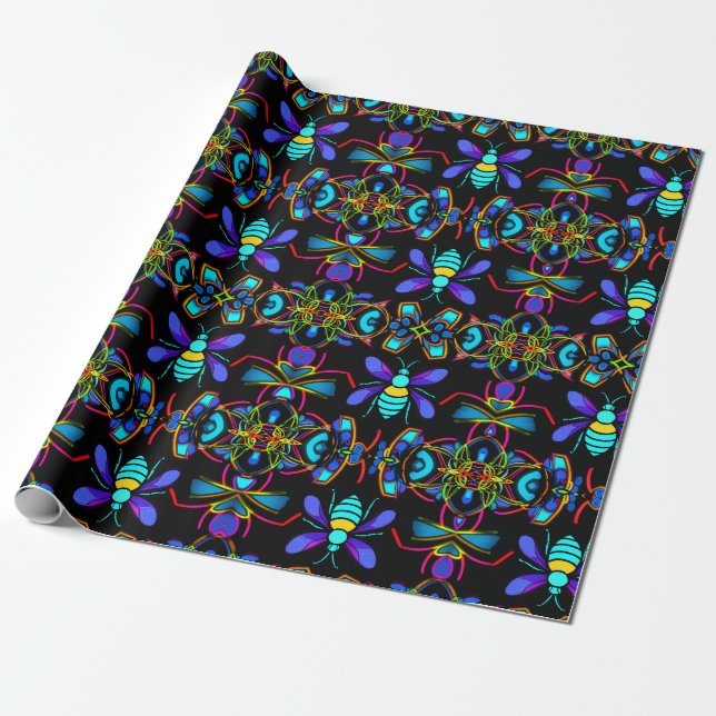  Vibrant Neon Honeybee with Abstract Hexagonal  Wrapping Paper (Unrolled)