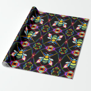 Vibrant Neon Honeybee with Abstract Hexagonal Wrapping Paper