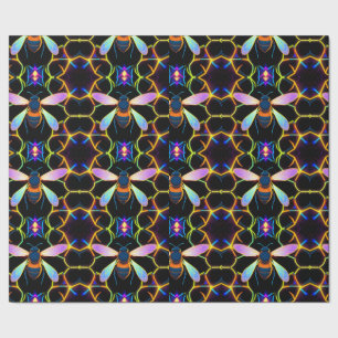 Vibrant Neon Honeybee with Abstract Hexagonal  Wrapping Paper