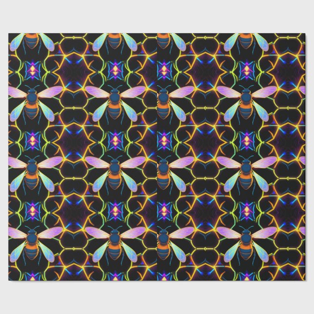 Vibrant Neon Honeybee with Abstract Hexagonal  Wrapping Paper (Seam)