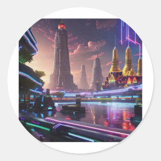 Vibrant Neon Lights of Cyberpunk Bangkok  Classic Round Sticker