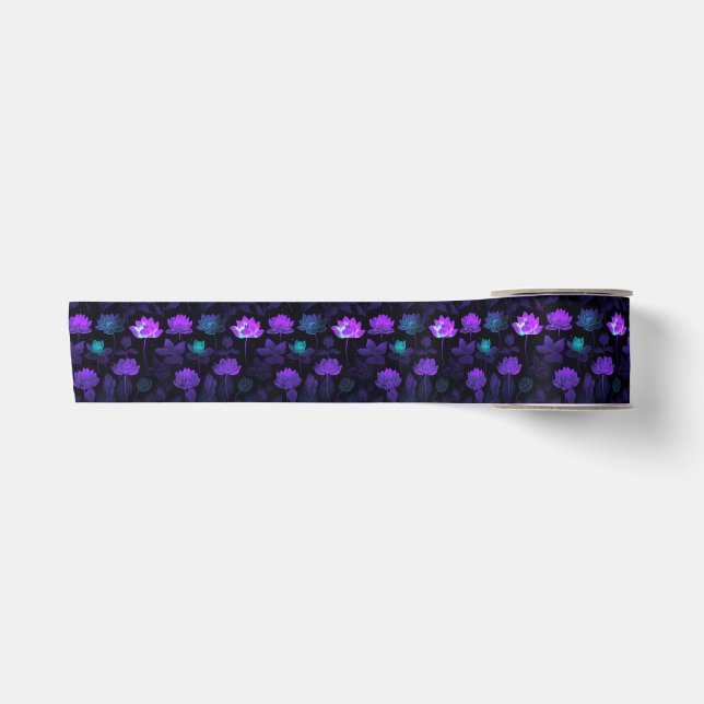 Vibrant Neon Lotus Flower Pattern Satin Ribbon (Front)