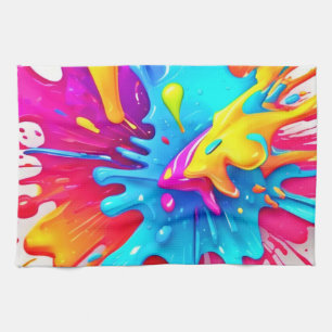 Vibrant Neon Paint Splash Art Tea Towel