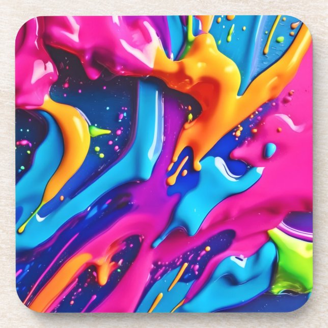 Vibrant Neon Paint Splatter Abstract Coaster (Front)