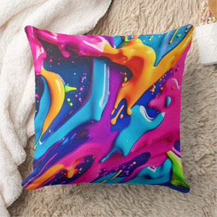 Vibrant Neon Paint Splatter Abstract Cushion
