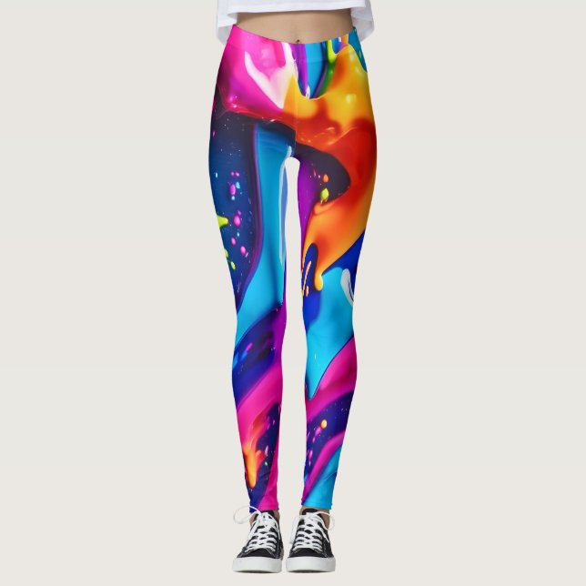 Vibrant Neon Paint Splatter Abstract Leggings (Front)