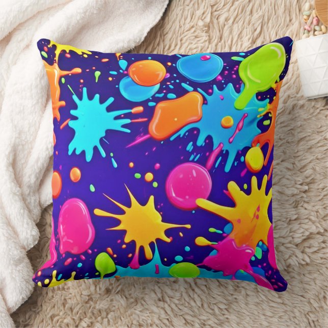 Vibrant Neon Paint Splatter Art Cushion (Blanket)