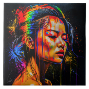 Vibrant Neon Portrait – Abstract Expressionist Art Ceramic Tile