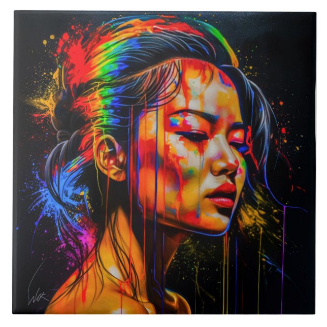 Vibrant Neon Portrait – Abstract Expressionist Art Ceramic Tile (Front)
