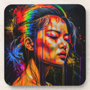 Vibrant Neon Portrait – Abstract Expressionist Art Coaster