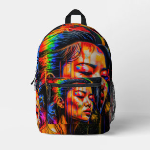 Vibrant Neon Portrait – Abstract Expressionist Art Printed Backpack