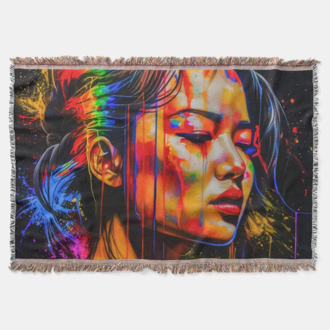 Vibrant Neon Portrait – Abstract Expressionist Art Throw Blanket (Front)