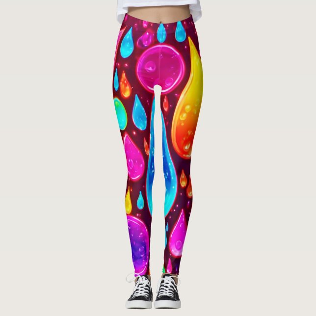 Vibrant Neon Raindrops Art Leggings (Front)