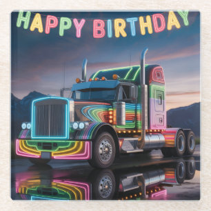 Vibrant Neon Semi-Truck Birthday Illustration Glass Coaster