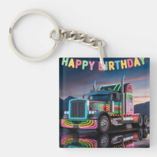 Vibrant Neon Semi-Truck Birthday Illustration Key Ring