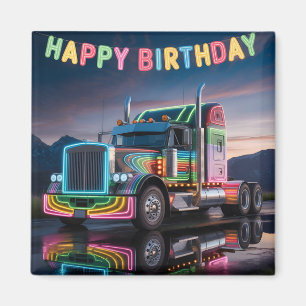 Vibrant Neon Semi-Truck Birthday Illustration Magnet