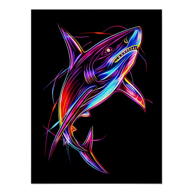 Vibrant Neon Shark Modern Digital Ocean Poster (Front)