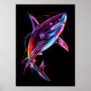 Vibrant Neon Shark Modern Digital Ocean Poster
