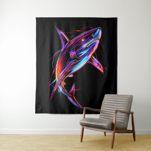 Vibrant Neon Shark Modern Digital Ocean Tapestry