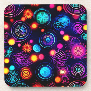 Vibrant Neon Spiral and Dot Art Coaster