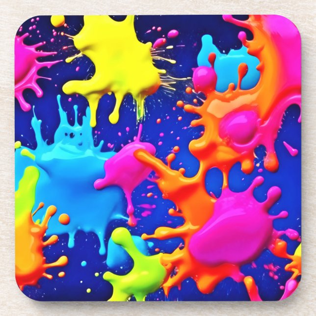 Vibrant Neon Splashes on Dark Canvas Coaster (Front)