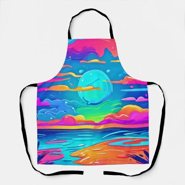 Vibrant Neon Sunset Over Ocean Waves Apron (Front)