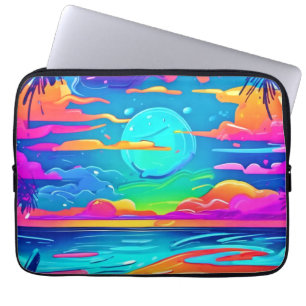 Vibrant Neon Sunset Over Ocean Waves Laptop Sleeve