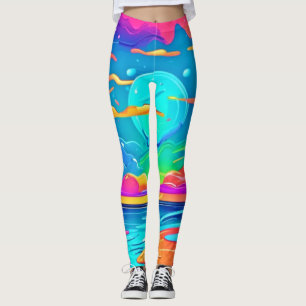 Vibrant Neon Sunset Over Ocean Waves Leggings
