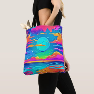 Vibrant Neon Sunset Over Ocean Waves Tote Bag