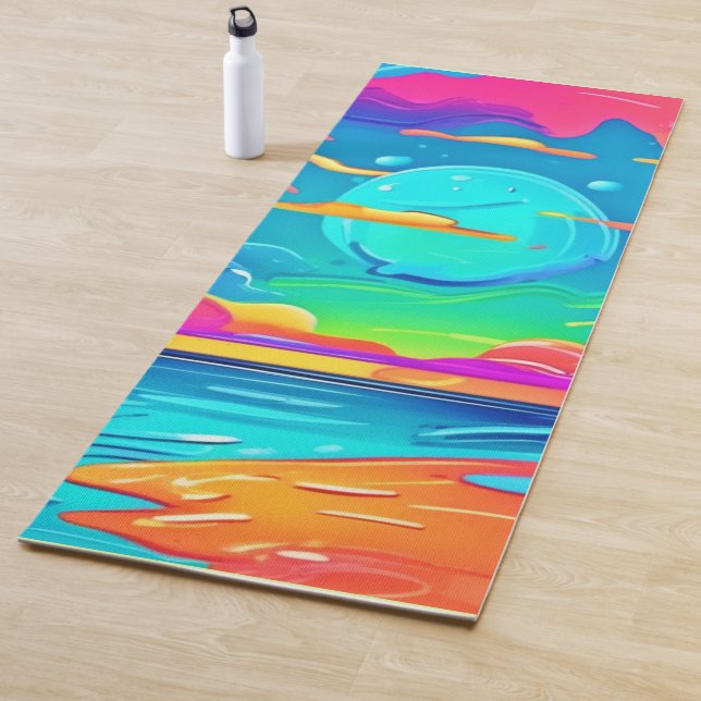 Vibrant Neon Sunset Over Ocean Waves Yoga Mat (In Situ)
