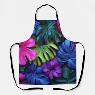 Vibrant Neon Tropical Monstera Leaves Background Apron