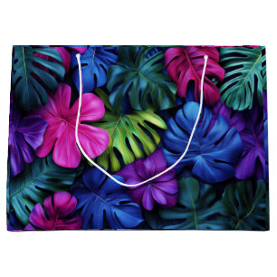 Vibrant Neon Tropical Monstera Leaves Background Large Gift Bag