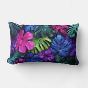 Vibrant Neon Tropical Monstera Leaves Background Lumbar Cushion