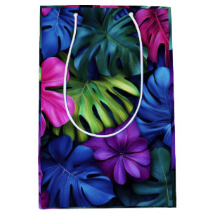 Vibrant Neon Tropical Monstera Leaves Background Medium Gift Bag