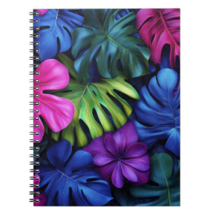 Vibrant Neon Tropical Monstera Leaves Background Notebook