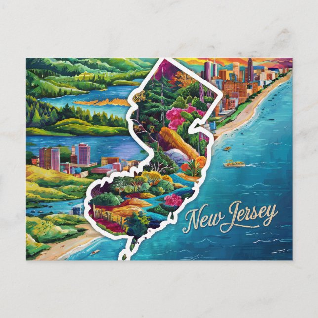 Vibrant New Jersey Map Art Postcard (Front)