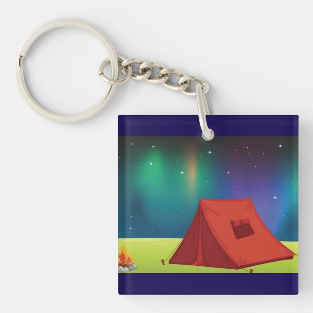 Vibrant Northern Lights Camping Tent Night Key Ring (Front)