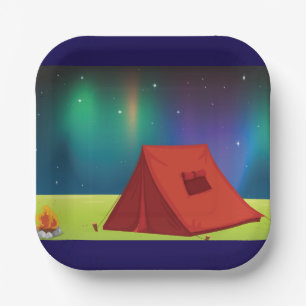 Vibrant Northern Lights Camping Tent Night Paper Plate