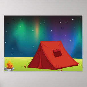 Vibrant Northern Lights Camping Tent Night Poster