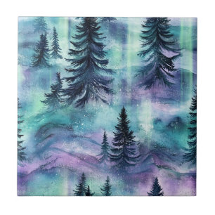 Vibrant Northern Lights Dark Pine Winter Sky Ceramic Tile
