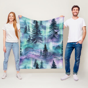 Vibrant Northern Lights Dark Pine Winter Sky Fleece Blanket