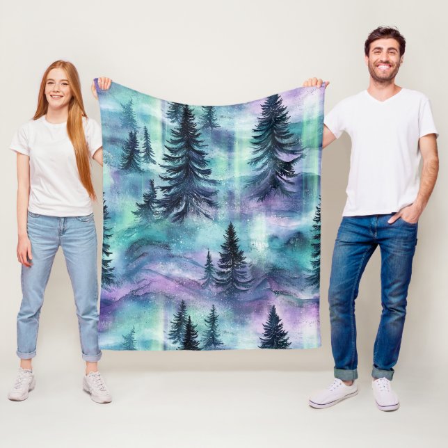 Vibrant Northern Lights Dark Pine Winter Sky Fleece Blanket (In Situ)