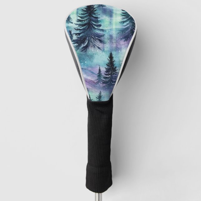 Vibrant Northern Lights Dark Pine Winter Sky Golf Head Cover (Front)