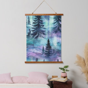 Vibrant Northern Lights Dark Pine Winter Sky Hanging Tapestry