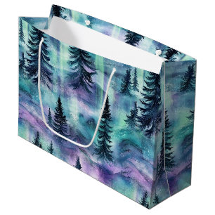 Vibrant Northern Lights Dark Pine Winter Sky Large Gift Bag