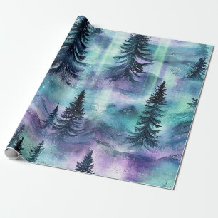 Vibrant Northern Lights Dark Pine Winter Sky Wrapping Paper