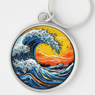 Vibrant Ocean Wave With Fiery Sunset Key Ring